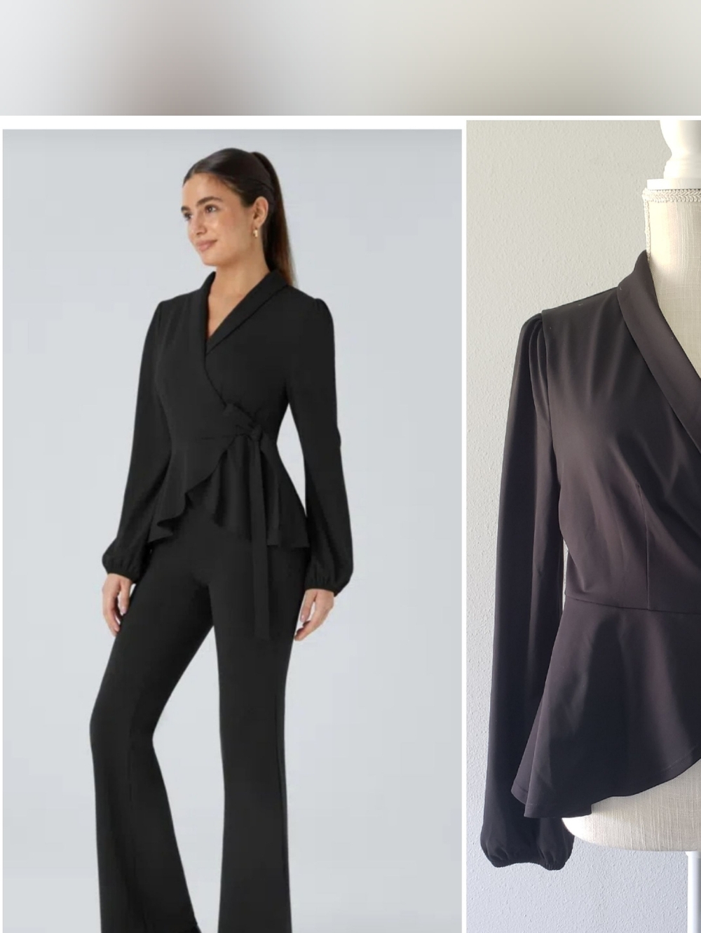 HALARA Shawl Collar Wrapped Tie Side Ruffle Hem Work Blouse Black Womens Large